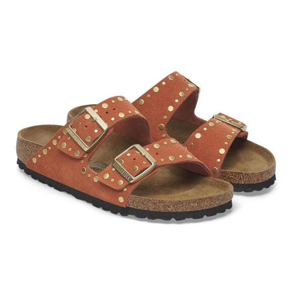 Birkenstock Shoes Arizona Rivets Dark Rust Suede Leather Sandals - Picture 1 of 5